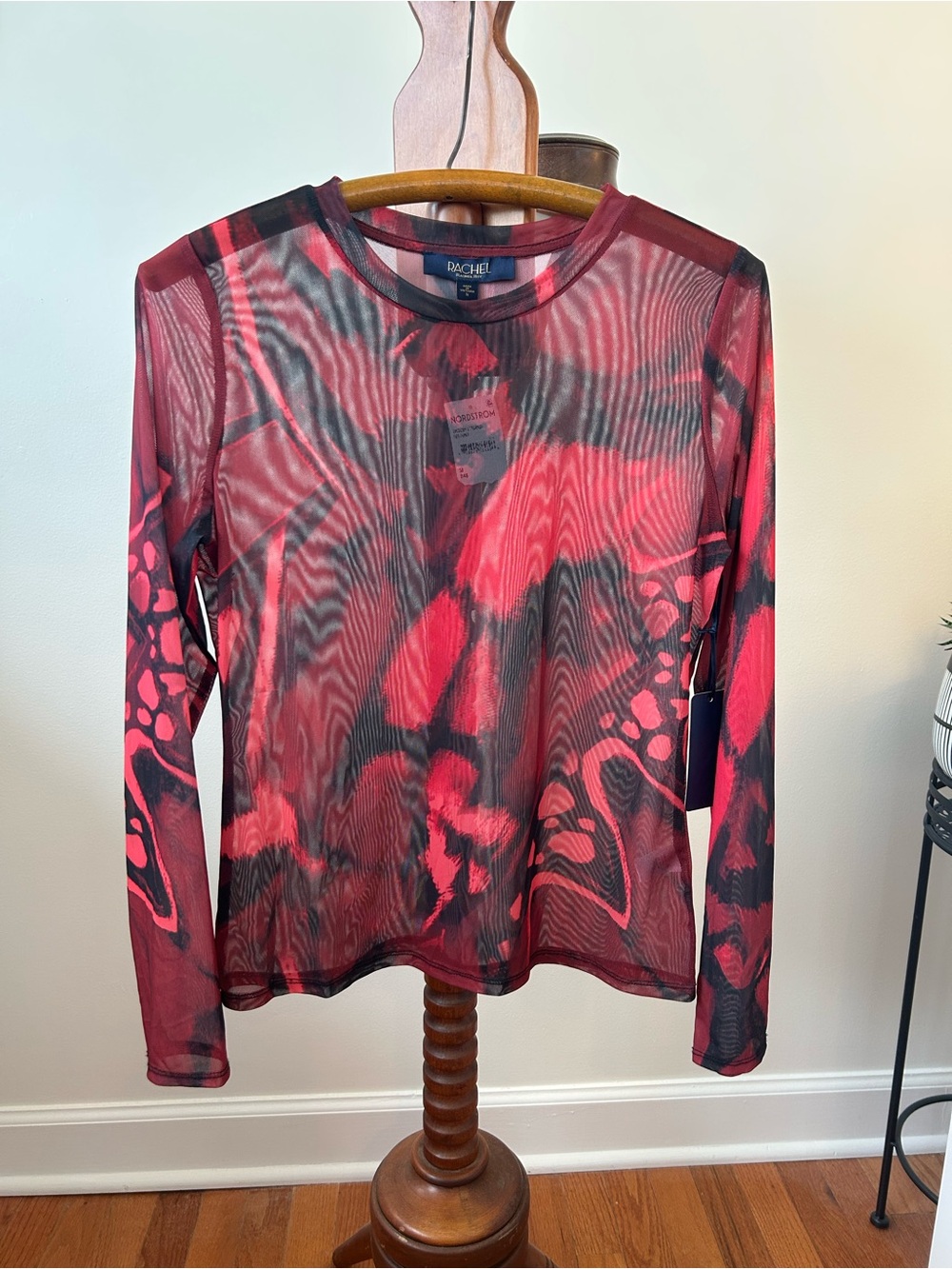 RACHEL Rachel Roy Red and Black Mesh Long-Sleeve Top Size Medium